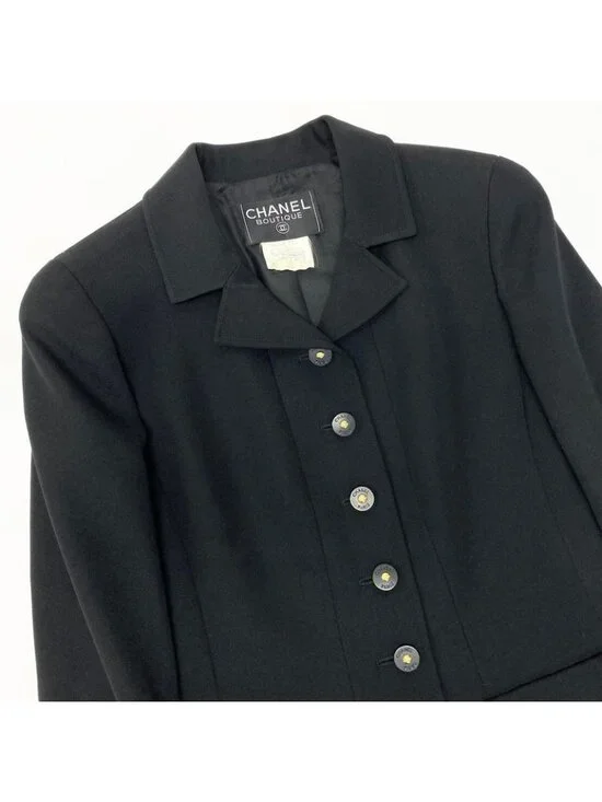 Chanel C Vintage Skirt Set Tailored Jacket 40 Black Silk - Picture 5 of 11